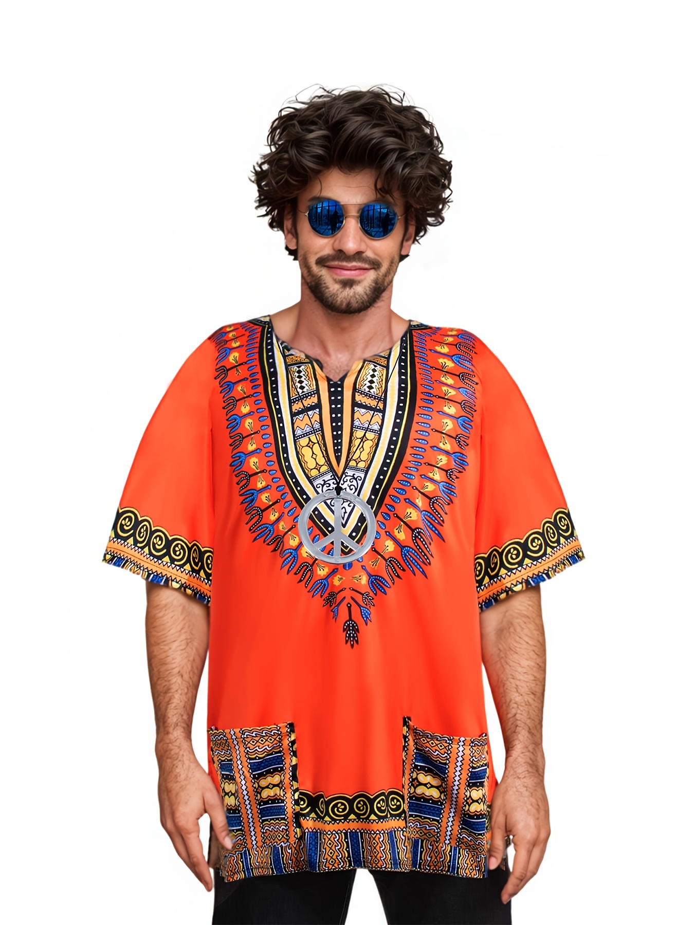 Hippie Clothing Men Women 60S 70S Multicolor T-Shirt 3pcs Set Themed Party Role-Play Outfit, Ethnic Style Print, Men'S Round Neck Design, Halloween Costume, Carnival Costume, Retro Disco Attire