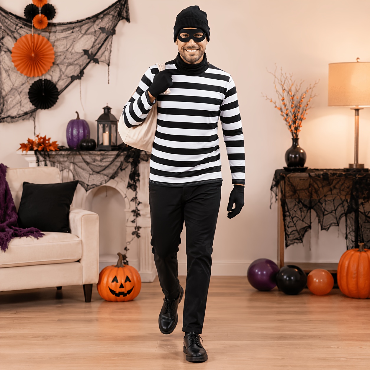 6pcs Halloween Thief Costume Set, Including a Black and White Striped Long-sleeve Top, Black Hat, Face Mask, Strapped Blindfold, Black Gloves, and a Drawstring Money Pouch. Suitable for Halloween Parties and Escape Room Themed Funny Role-playing