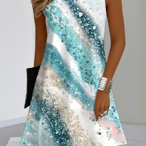 European and American Spring/Summer Women's Floral Digital Print Casual Long Top Sliky Fiber Fabric Dress