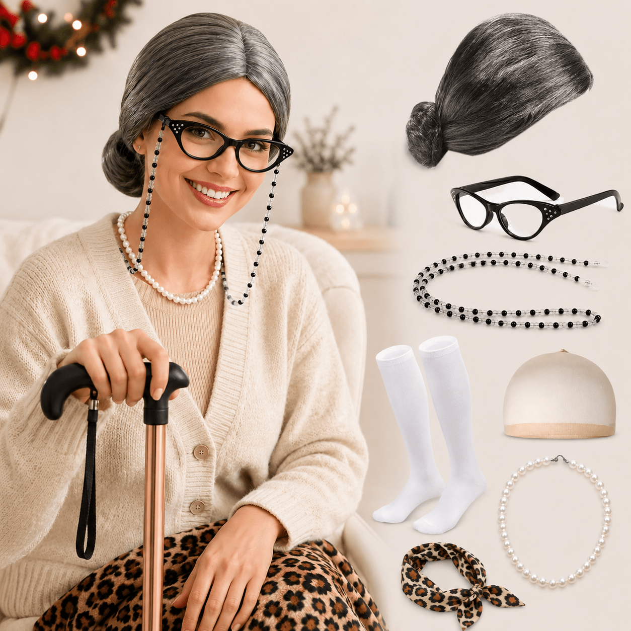 8pcs Old Woman Grandma Costume Set, Including a Gray Bun Wig, Necklace, and Leopard Print Scarf. Suitable for Halloween and "100 Days of School" Themed Cosplay Outfits - Image 7