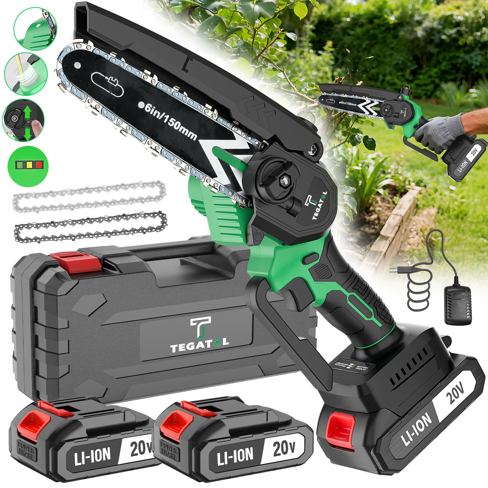 10 Inch/6 Inch Cordless Electric Chainsaw | 20V, 2*4.0Ah Lithium Batteries, 2*Chains, Charger, Efficient Cutting, for Wood Trimming, Woodworking, Landscaping, Yard Pruning - TEGATOK