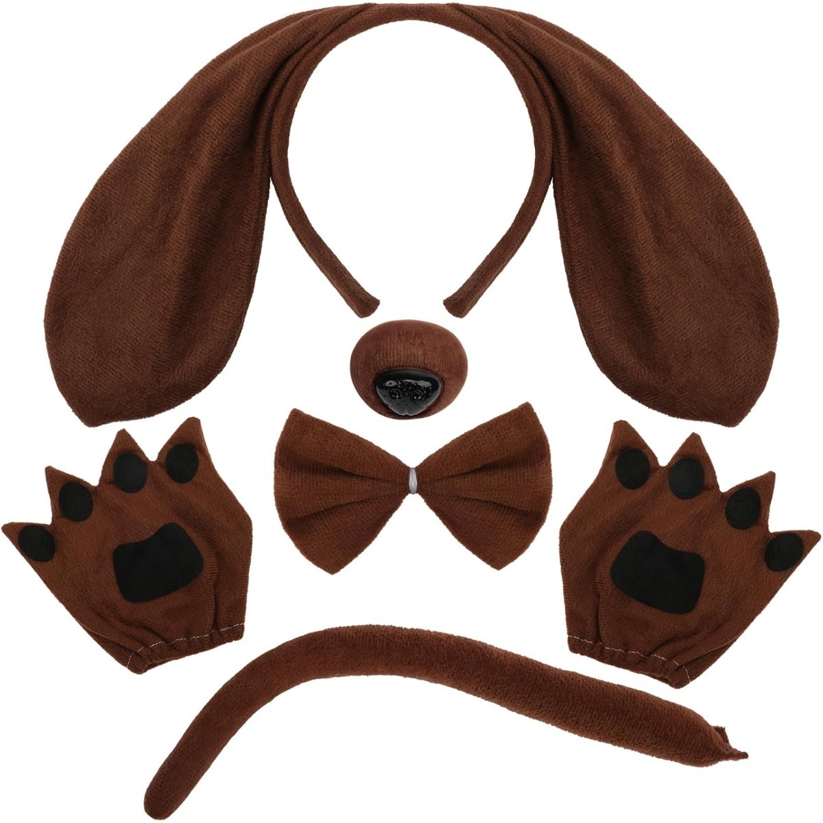 Brown Sausage Dog Costume Set | Includes Ears, Headband, Nose, Tail, Bow, Paw Pads, Gloves | Fiber Material, Stylish Design, Suitable for Carnival and Halloween Dress-Up