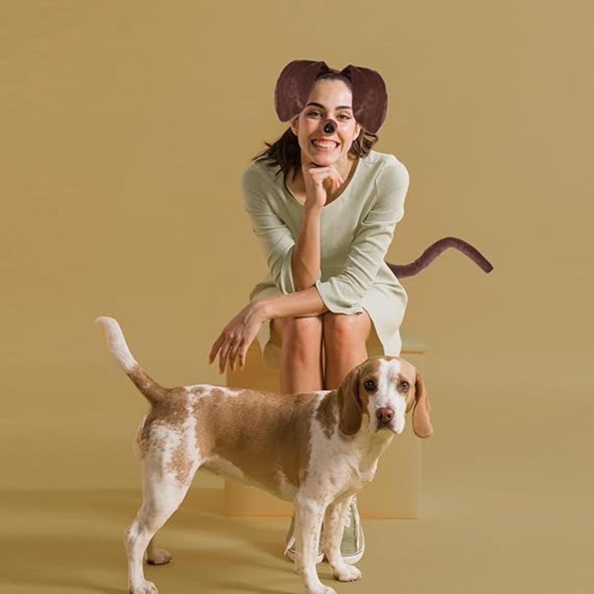 Brown Sausage Dog Costume Set | Includes Ears, Headband, Nose, Tail, Bow, Paw Pads, Gloves | Fiber Material, Stylish Design, Suitable for Carnival and Halloween Dress-Up