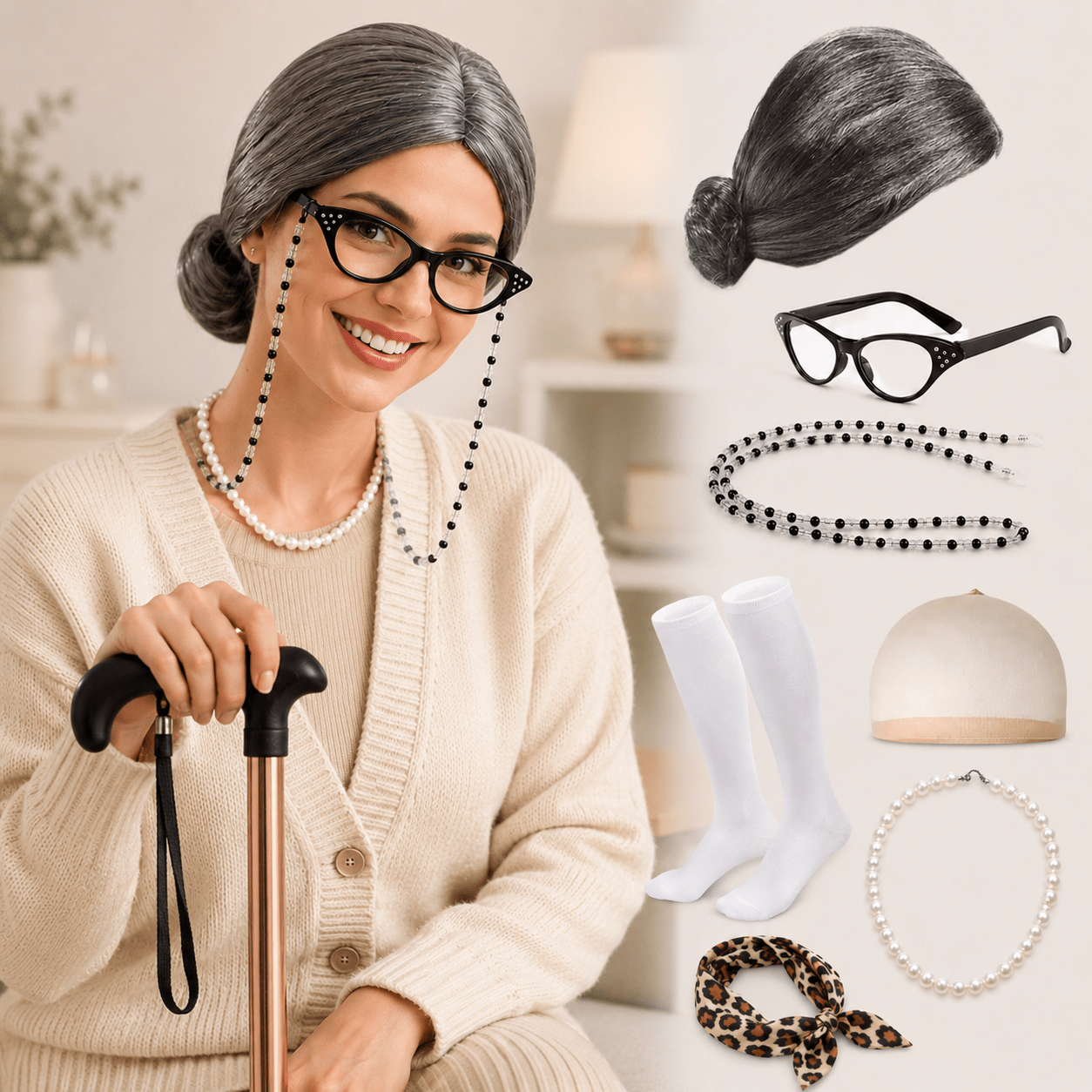8pcs Old Woman Grandma Costume Set, Including a Gray Bun Wig, Necklace, and Leopard Print Scarf. Suitable for Halloween and "100 Days of School" Themed Cosplay Outfits - Image 5