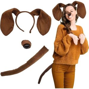 Brown Sausage Dog Costume Set | Includes Ears, Headband, Nose, Tail, Bow, Paw Pads, Gloves | Fiber Material, Stylish Design, Suitable for Carnival and Halloween Dress-Up