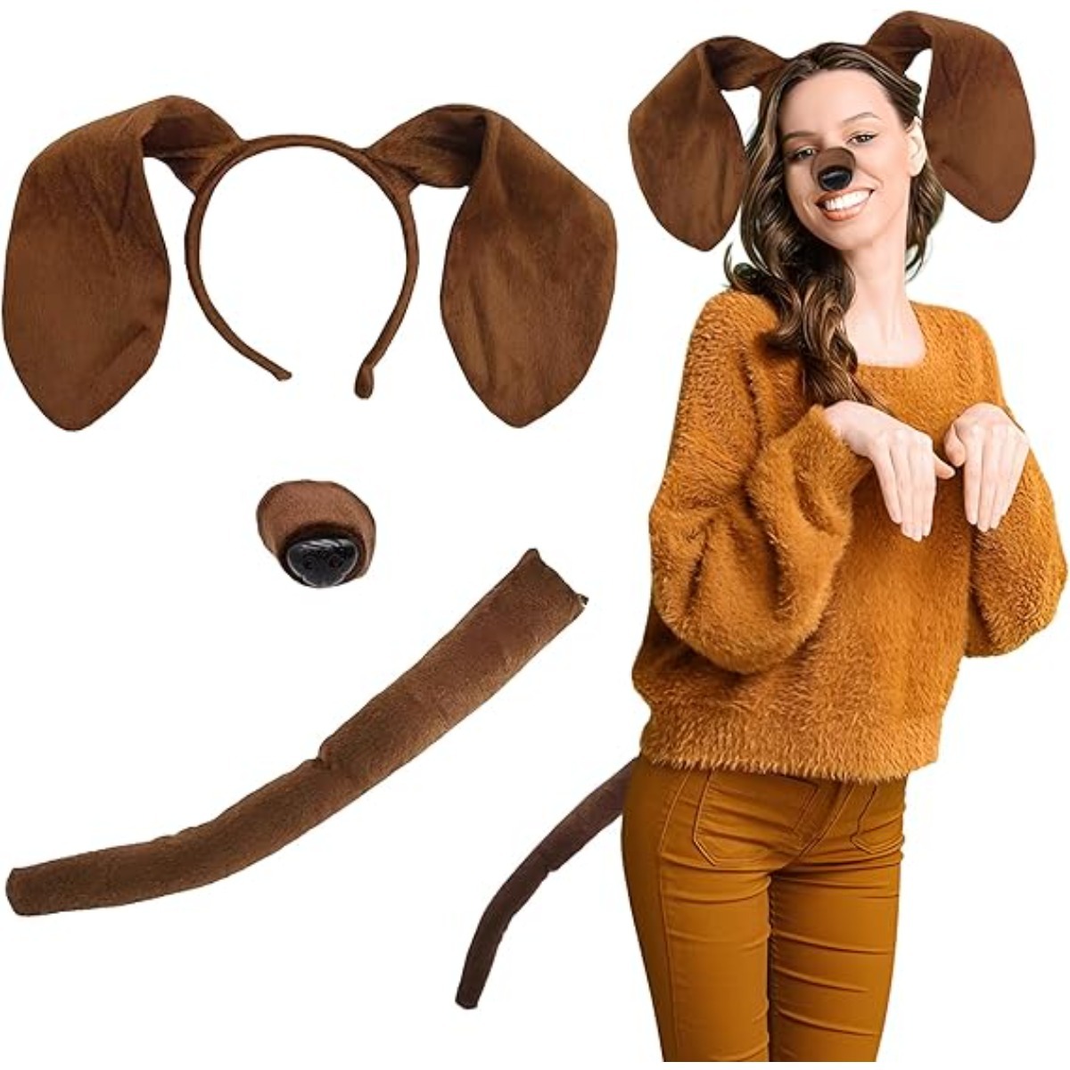 Brown Sausage Dog Costume Set | Includes Ears, Headband, Nose, Tail, Bow, Paw Pads, Gloves | Fiber Material, Stylish Design, Suitable for Carnival and Halloween Dress-Up