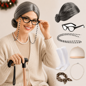 8pcs Old Woman Grandma Costume Set, Including a Gray Bun Wig, Necklace, and Leopard Print Scarf. Suitable for Halloween and "100 Days of School" Themed Cosplay Outfits