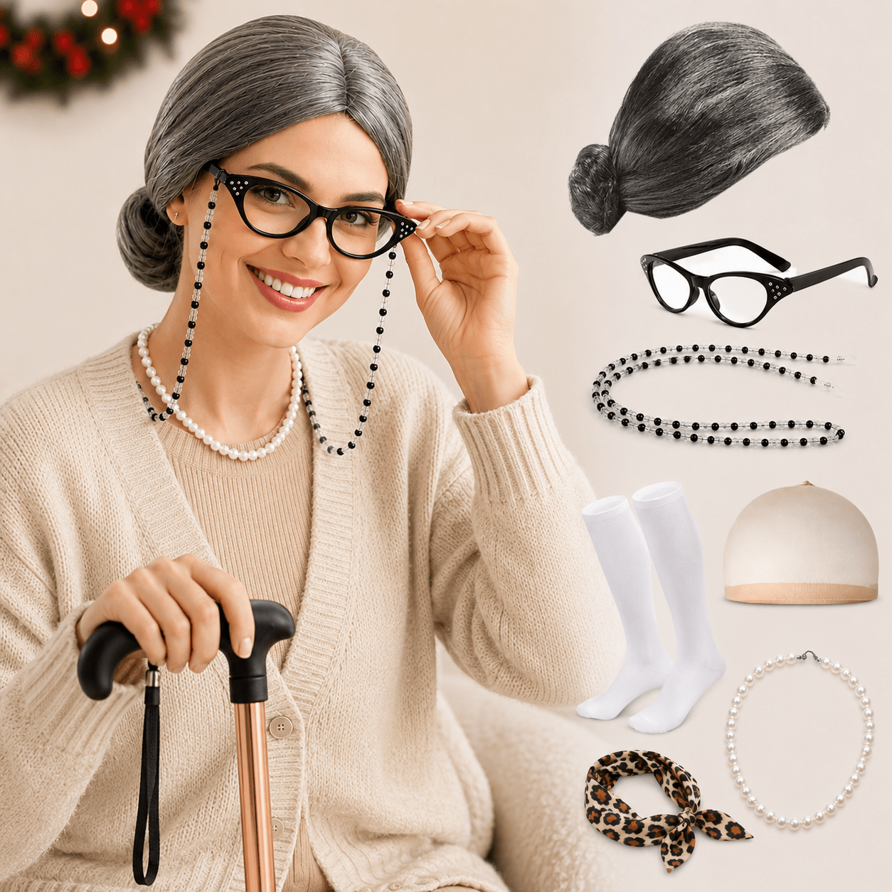 8pcs Old Woman Grandma Costume Set, Including a Gray Bun Wig, Necklace, and Leopard Print Scarf. Suitable for Halloween and "100 Days of School" Themed Cosplay Outfits