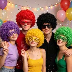 2pcs Set (Classic Explosion Wig And Striped Decorative Glasses Without Lenses) Party Costume Wig Set, Voluminous And Full Curly Design, Available in Multiple Vibrant Colors. Easy And Secure to Wear