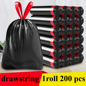1Roll/200pcs Thickened Leak-Proof Drawstring Black Trash Bags, Suitable for Home, Office, Kitchen, Bathroom, Outdoor, Commercial Use - Compatible with Trash Cans And Bins, Kitchen Waste Disposal, Safe Drawstring Closure