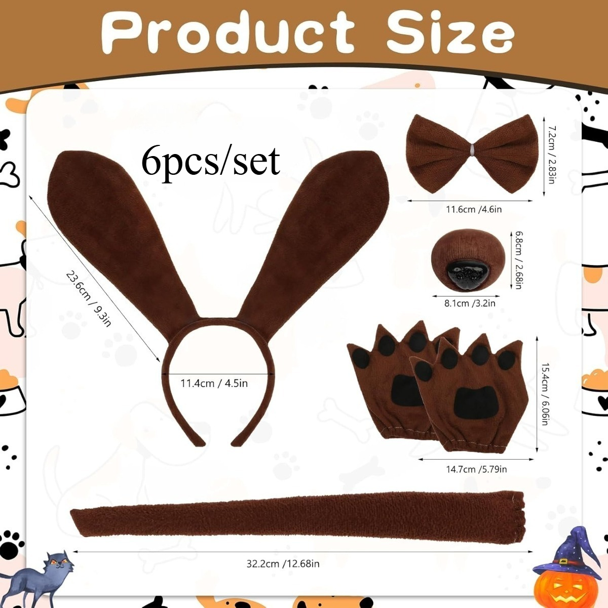 Brown Sausage Dog Costume Set | Includes Ears, Headband, Nose, Tail, Bow, Paw Pads, Gloves | Fiber Material, Stylish Design, Suitable for Carnival and Halloween Dress-Up