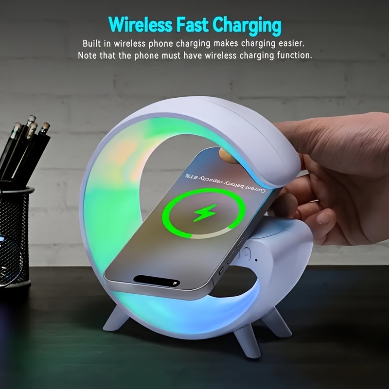 Multi-Function Wireless Charger Stand Fast Wireless Charging Station for iPhone 17 16 15 for Samsung HD Audio Subwoofer Portable Wireless Speaker Alarm Clock Colour LED Night Light RGB Light Bedside Lamp Christmas And Halloween Gifts