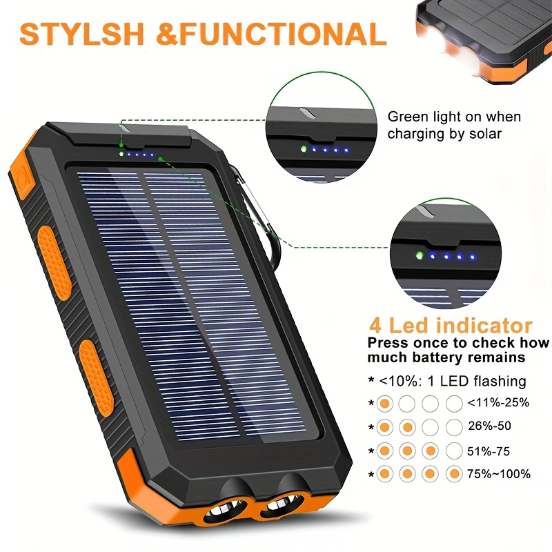 20000Mah Solar Power Bank, Solar Charger, Outdoor High-Capacity Battery Pack, Usb/Usb-C/Micro USB, Compatible with All Phones, Fast Charging, Dual LED Flashlight Compatible with Outdoor And Camping, Compass And Backpack Hook, Portable Power Bank