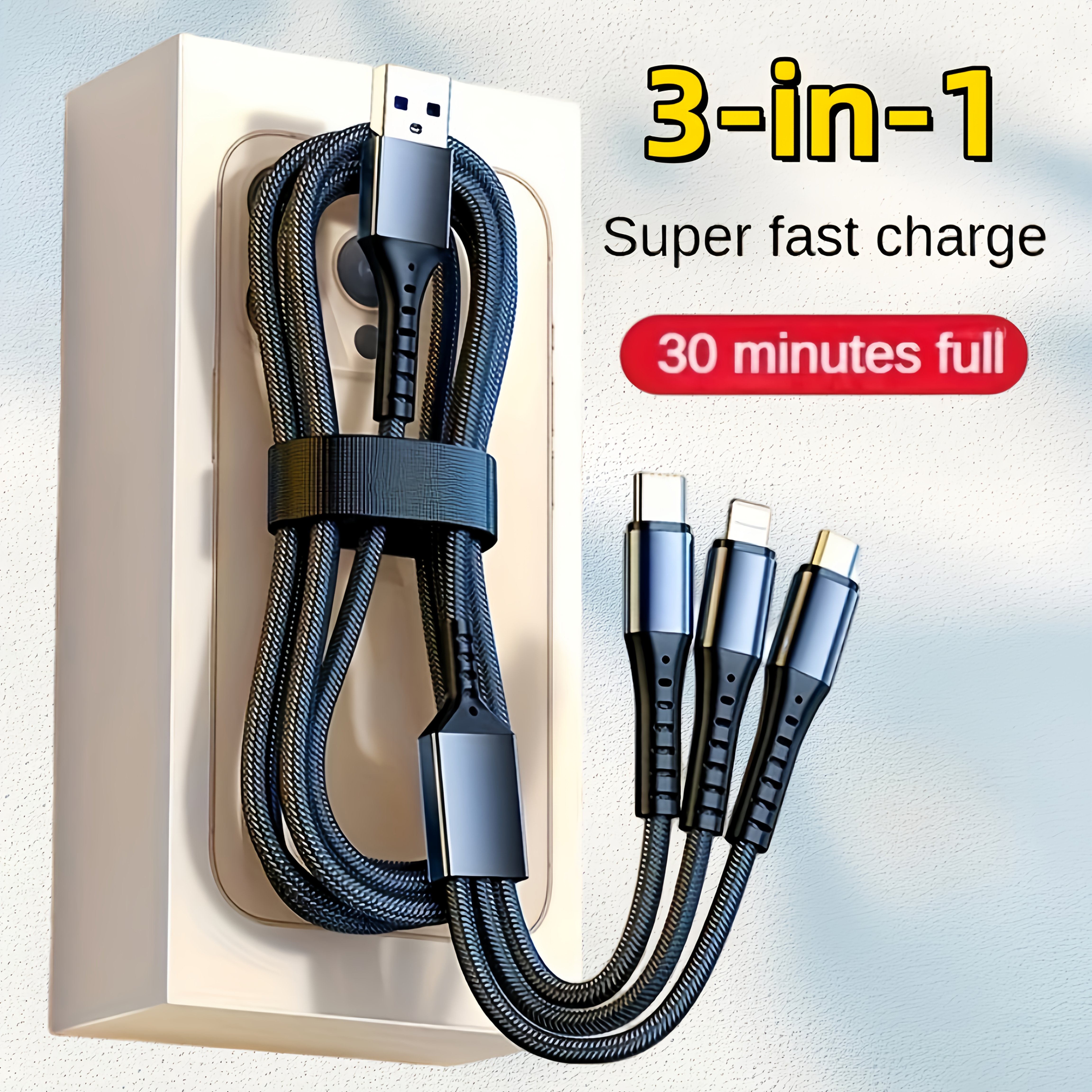 1pc Data Cable Three In One MAX 66w Super Fast Charging Three In One Heads Charger Multifunctional Suitable for iPhone/Android/type-c
