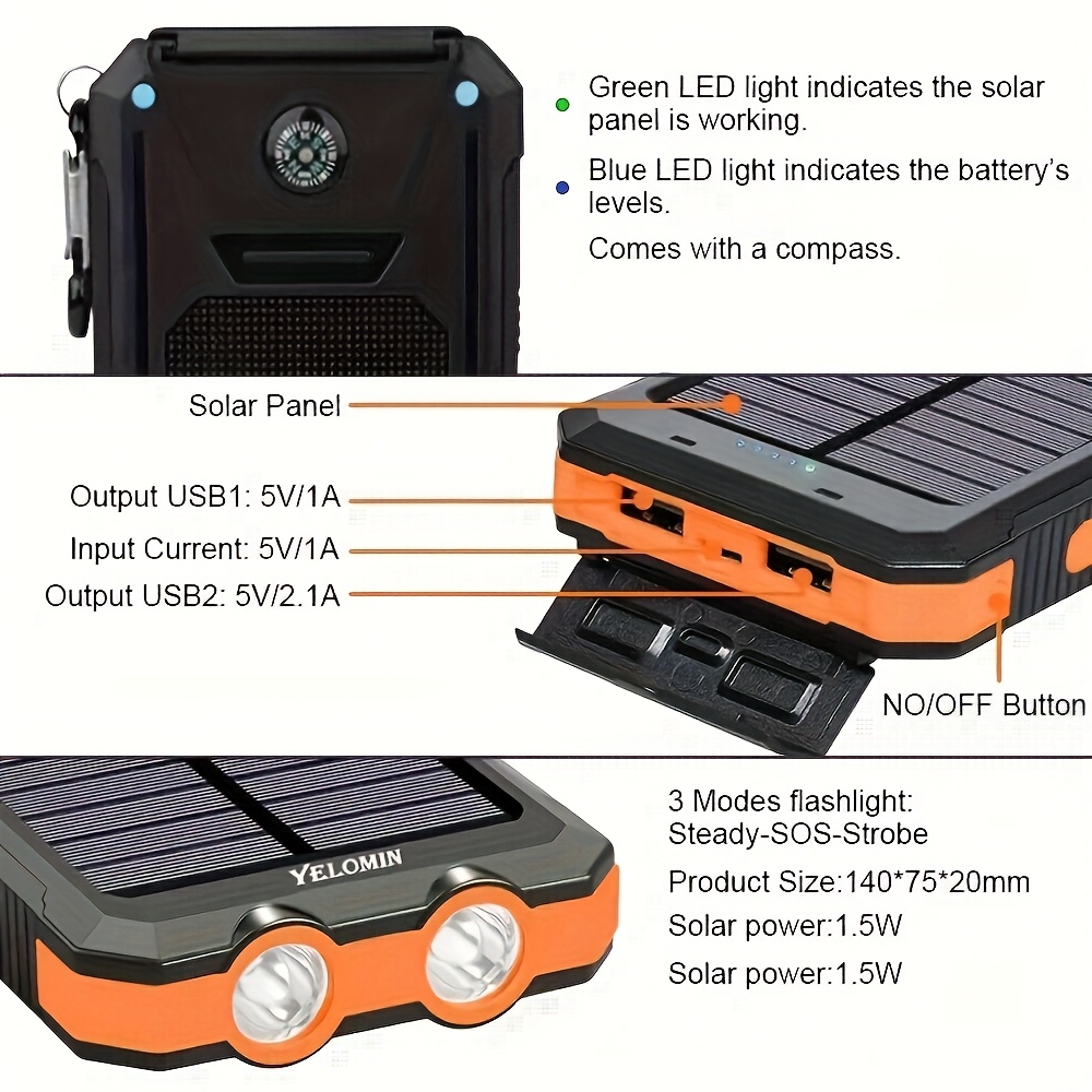 10000/20000Mah Solar Power Bank, External Backup Battery Pack with USB C Input/Output/Led Flashlight, Compatible with Samsung, Ipad, Suitable for Outdoor And Camping Quick Charger with Dual USB Ports, Built-In LED And Compass, Compatible with All