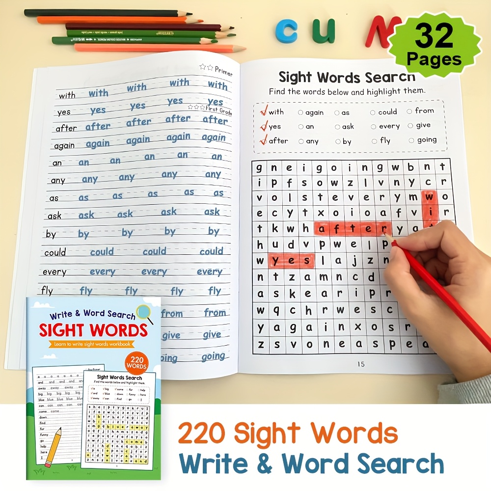 A 32-Page, Mixed-Color Paper Learning Book with 220 Common Words, Including Word Search Games, Suitable for Learning Activities, Home Education Supplies, And Christmas Gifts