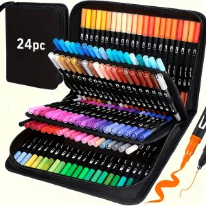 24-Color Dual-Tip Watercolor Marker Set - Fine & Broad Tips, 16 Vibrant Colors & 12 Extra Shades, Durable Plastic Material, with Protective Case & Lid - Ideal for Painting, Sketching, Calligraphy, Crafts - Perfect Christmas Gift for Artists