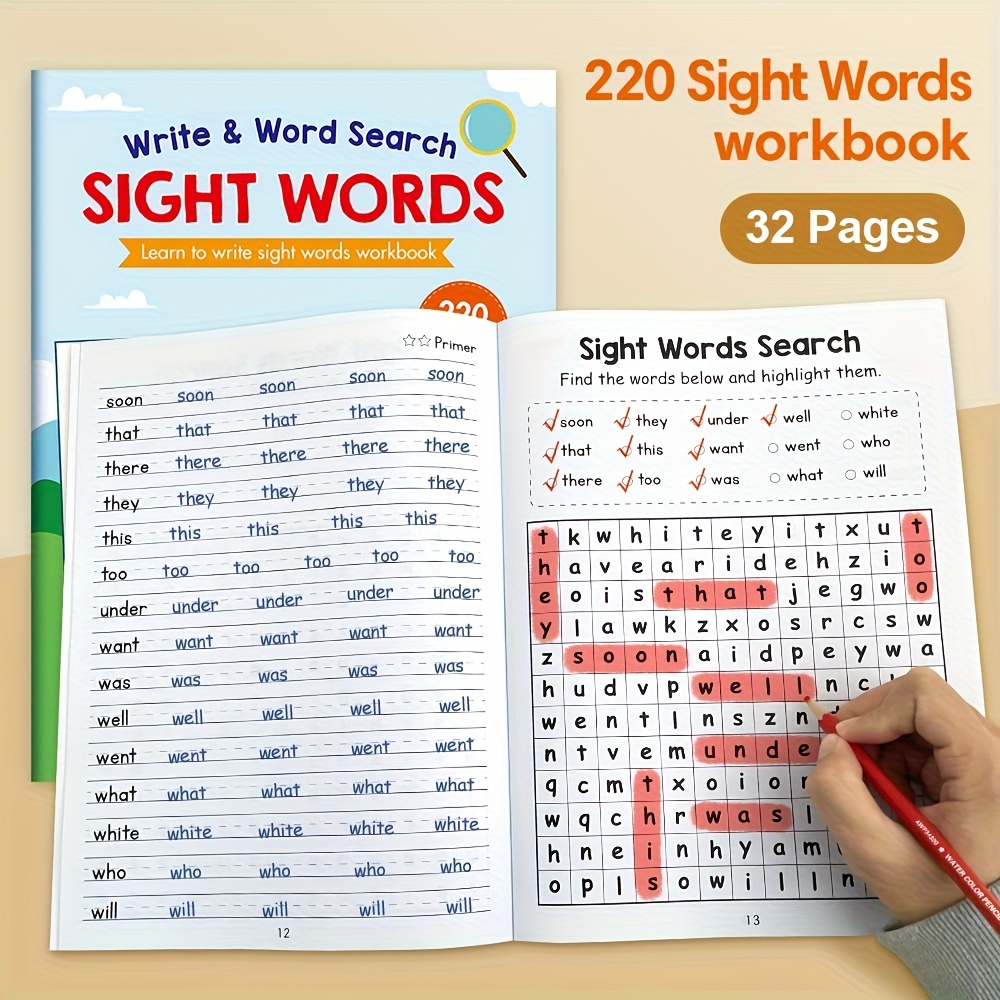 A 32-Page, Mixed-Color Paper Learning Book with 220 Common Words, Including Word Search Games, Suitable for Learning Activities, Home Education Supplies, And Christmas Gifts