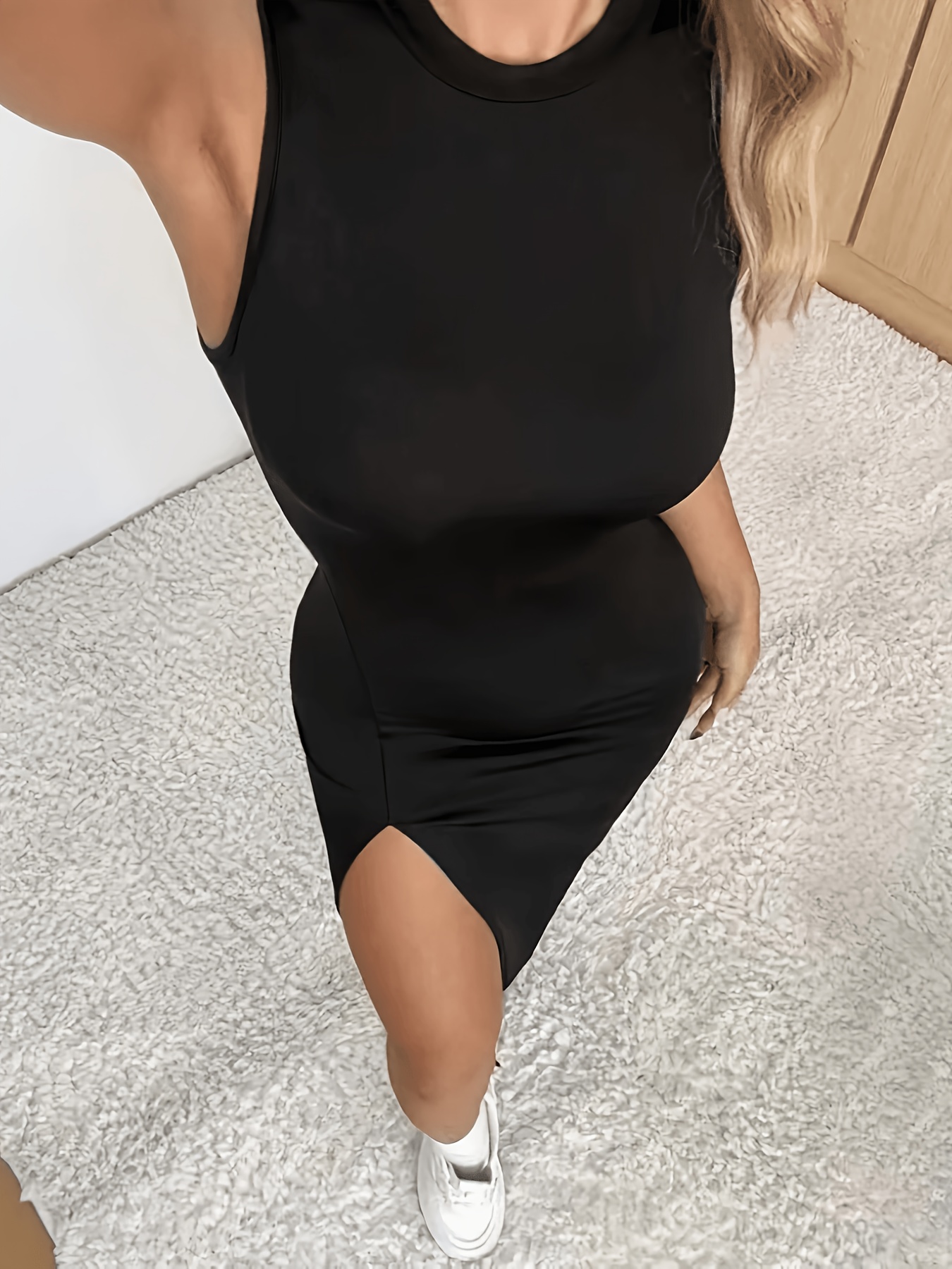 Women'S Bodycon Long Dress, Crew Neck Sleeveless, High Slit Hem, Stretchy Fabric, Slim Silhouette, Stylish, All-Season, Going Out, Clubwear, Streetwear