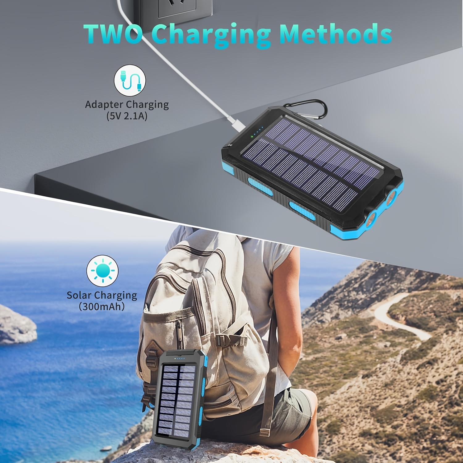 Solar Charger, 10000mAh Solar Mobile Power Bank, External Spare Battery Pack with USB C Input/output/LED Flash, Compatible with Samsung, iPad, Outdoor, Camping with Dual USB Ports Built-in LED and Compass, Suitable for All Phones