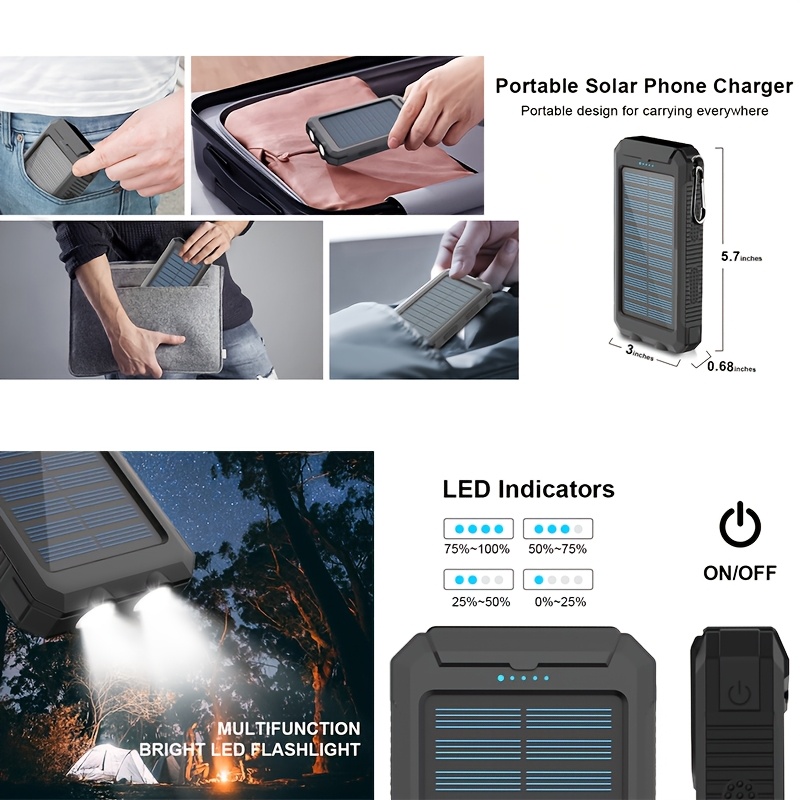 Solar Charger, 10000mAh Solar Mobile Power Bank, External Spare Battery Pack with USB C Input/output/LED Flash, Compatible with Samsung, iPad, Outdoor, Camping with Dual USB Ports Built-in LED and Compass, Suitable for All Phones