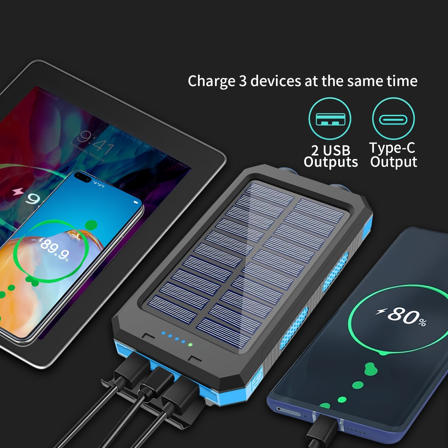 10000/20000Mah Solar Power Bank, External Backup Battery Pack with USB C Input/Output/Led Flashlight, Compatible with Samsung, Ipad, Suitable for Outdoor And Camping Quick Charger with Dual USB Ports, Built-In LED And Compass, Compatible with All - Image 9
