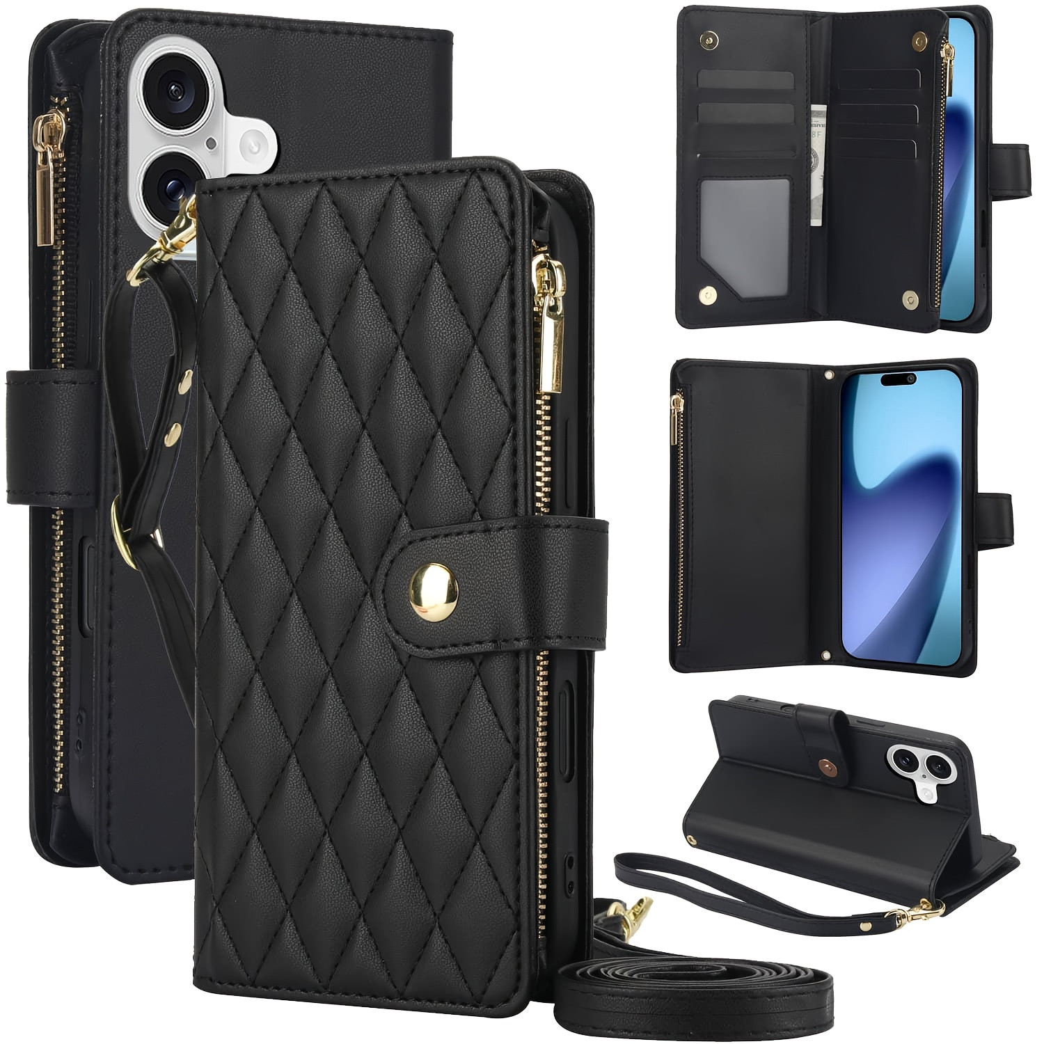 Wallet Case for iPhone 17/ 16e/ 16/ 15/ 14/ 13/ 12/ 11 Pro Max/ XR/ X/ XS/ XS Max/ 16 Plus/ 12 Mini/ 13 Mini/ SE 2020/ SE 2022/ Air 2025, Adjustable Crossbody Zipper Purse Case Card Holder with Kickstand Detachable Wrist Strap, Flip Folio Case - Image 46