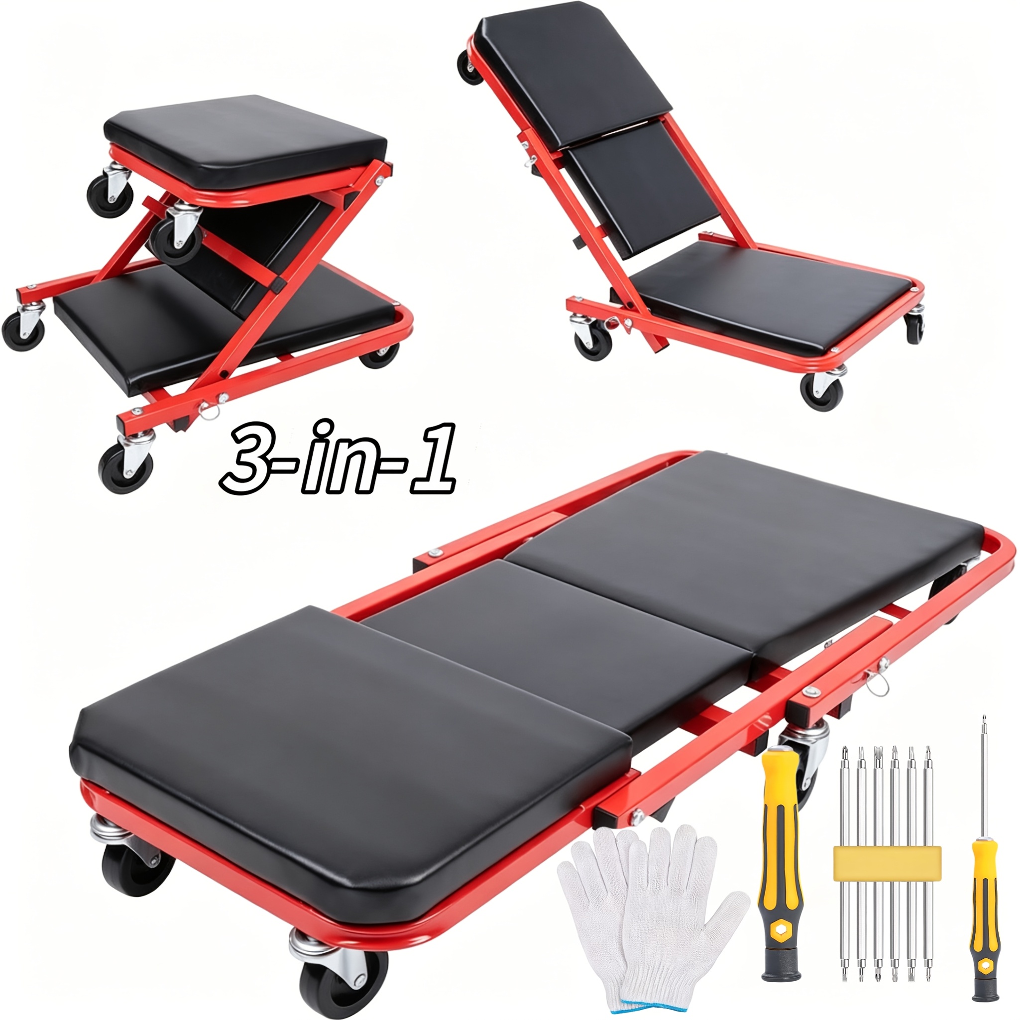 Auto Repair Bench with Roller Moving Tool Tray(Sold Separately), 2-in-1 Track, 36inch; Z Track Seat, Load Capacity Garage Chair Adjustable Rolling Folding Track ; Wheels.A Gift for the Family