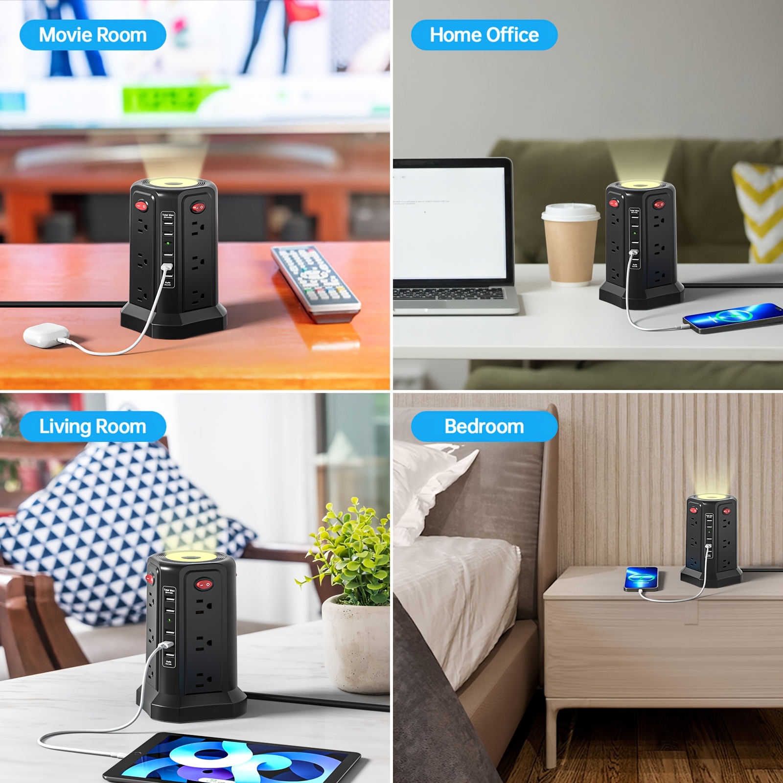 10ft/6ft Extension Cord with Multiple Outlets, 17in 1 Surge Protector, Power Board with USB Ports, 5 USB Interfaces, PD18W/20W Fast Charging, with A Night Light Multi Plug Outlet Charging Station, Suitable for Home Office And Dormitory Use