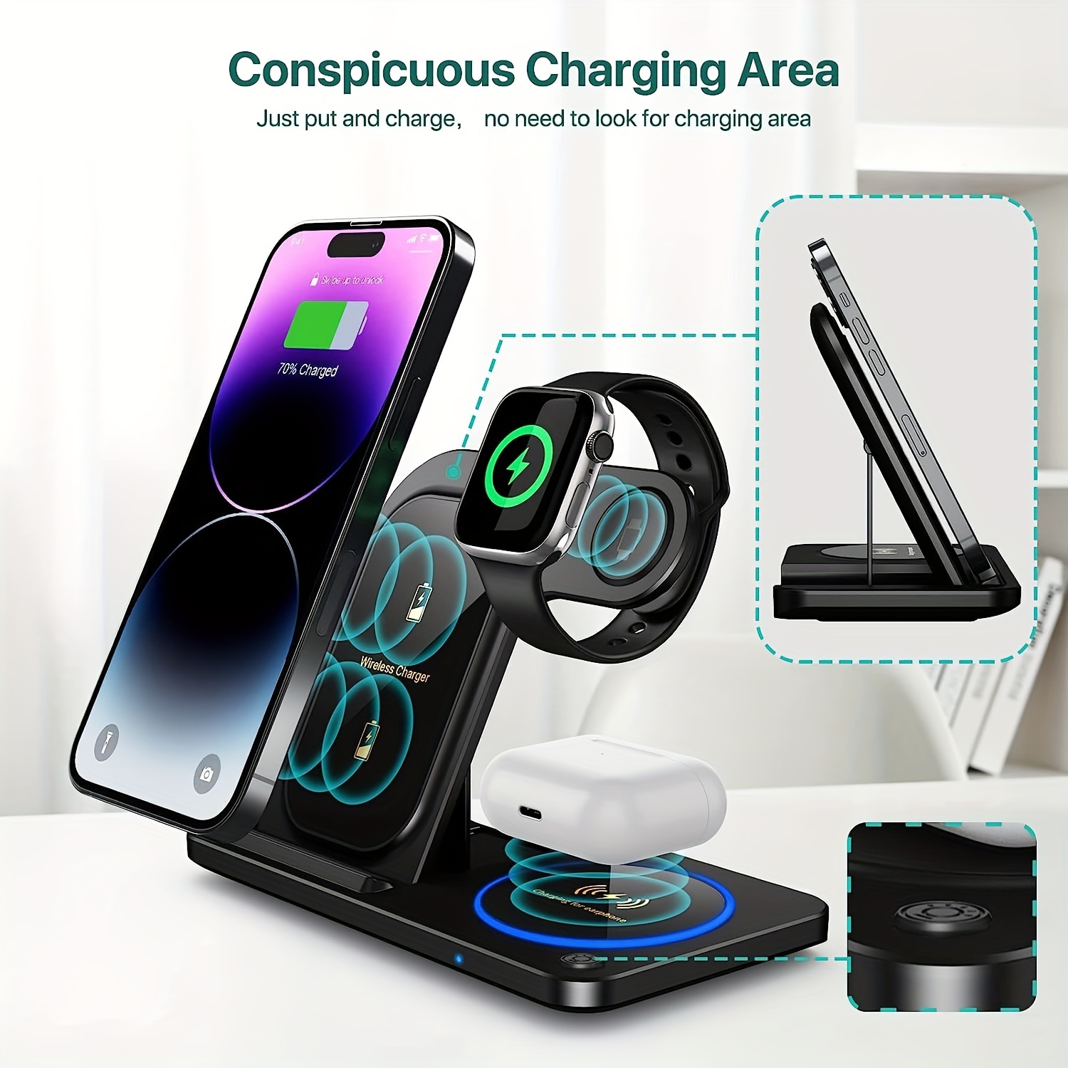 3 in 1 Foldable Wireless Charger, Fast Wireless Charging Station Stand Dock for Iphone 17/16/15/14/13/12/11/ Pro/Max/Mini/8/Plus/ X/XR/XS/X/SE, for Iwatch Ultra2/Ultra/9/8/7/6/ 5/4/3/2/1/SE, for Airpods 3/2/Pro2/Pro - Image 8