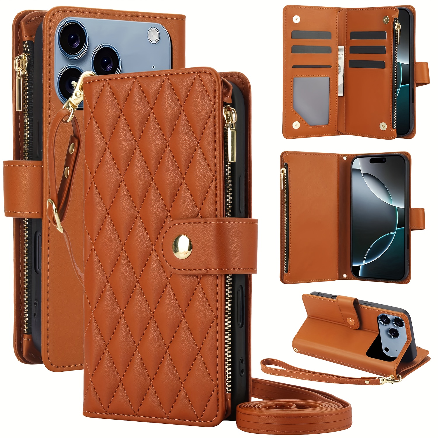 Wallet Case for iPhone 17/ 16e/ 16/ 15/ 14/ 13/ 12/ 11 Pro Max/ XR/ X/ XS/ XS Max/ 16 Plus/ 12 Mini/ 13 Mini/ SE 2020/ SE 2022/ Air 2025, Adjustable Crossbody Zipper Purse Case Card Holder with Kickstand Detachable Wrist Strap, Flip Folio Case - Image 43