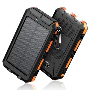 Solar Charger, 10000mAh Solar Mobile Power Bank, External Spare Battery Pack with USB C Input/output/LED Flash, Compatible with Samsung, iPad, Outdoor, Camping with Dual USB Ports Built-in LED and Compass, Suitable for All Phones