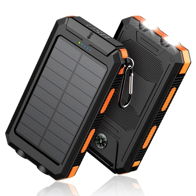Solar Charger, 10000mAh Solar Mobile Power Bank, External Spare Battery Pack with USB C Input/output/LED Flash, Compatible with Samsung, iPad, Outdoor, Camping with Dual USB Ports Built-in LED and Compass, Suitable for All Phones