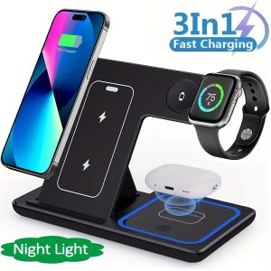 3-In-1 Fast Wireless Charging Station, 15W Foldable Charger Stand, for Iphone 15/14/13/12/11/Pro/Max/Mini/Plus/X/Xr/Xs/Max/Se/8/Plus, Iwatch 1-9, Airpods 3/2/Pro - USB Connector, Lightweight Design, USB Power, Efficient Charging, Compact Design
