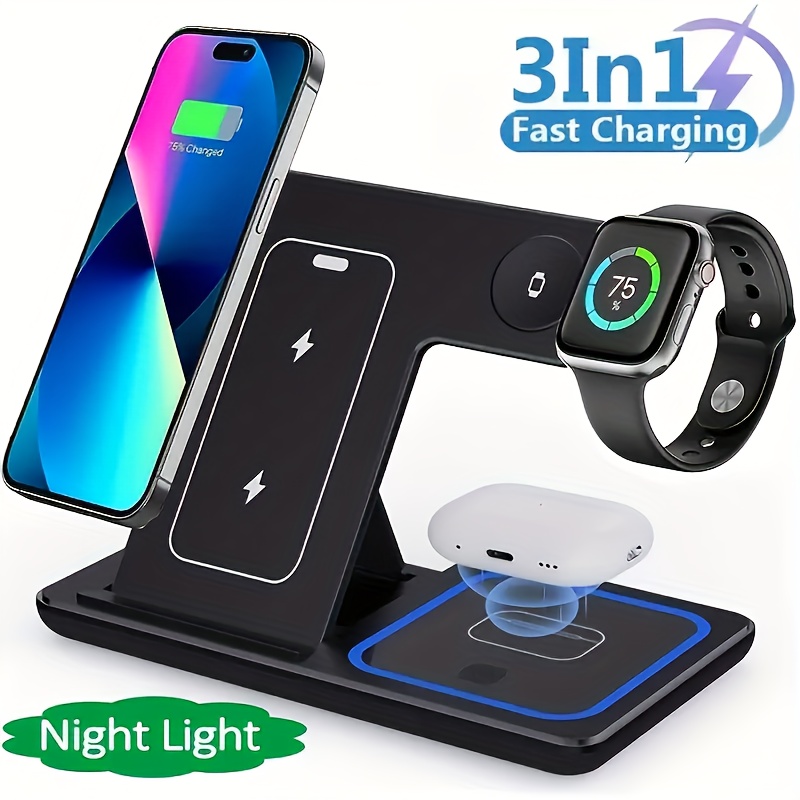 3-In-1 Fast Wireless Charging Station, 15W Foldable Charger Stand, for Iphone 15/14/13/12/11/Pro/Max/Mini/Plus/X/Xr/Xs/Max/Se/8/Plus, Iwatch 1-9, Airpods 3/2/Pro - USB Connector, Lightweight Design, USB Power, Efficient Charging, Compact Design