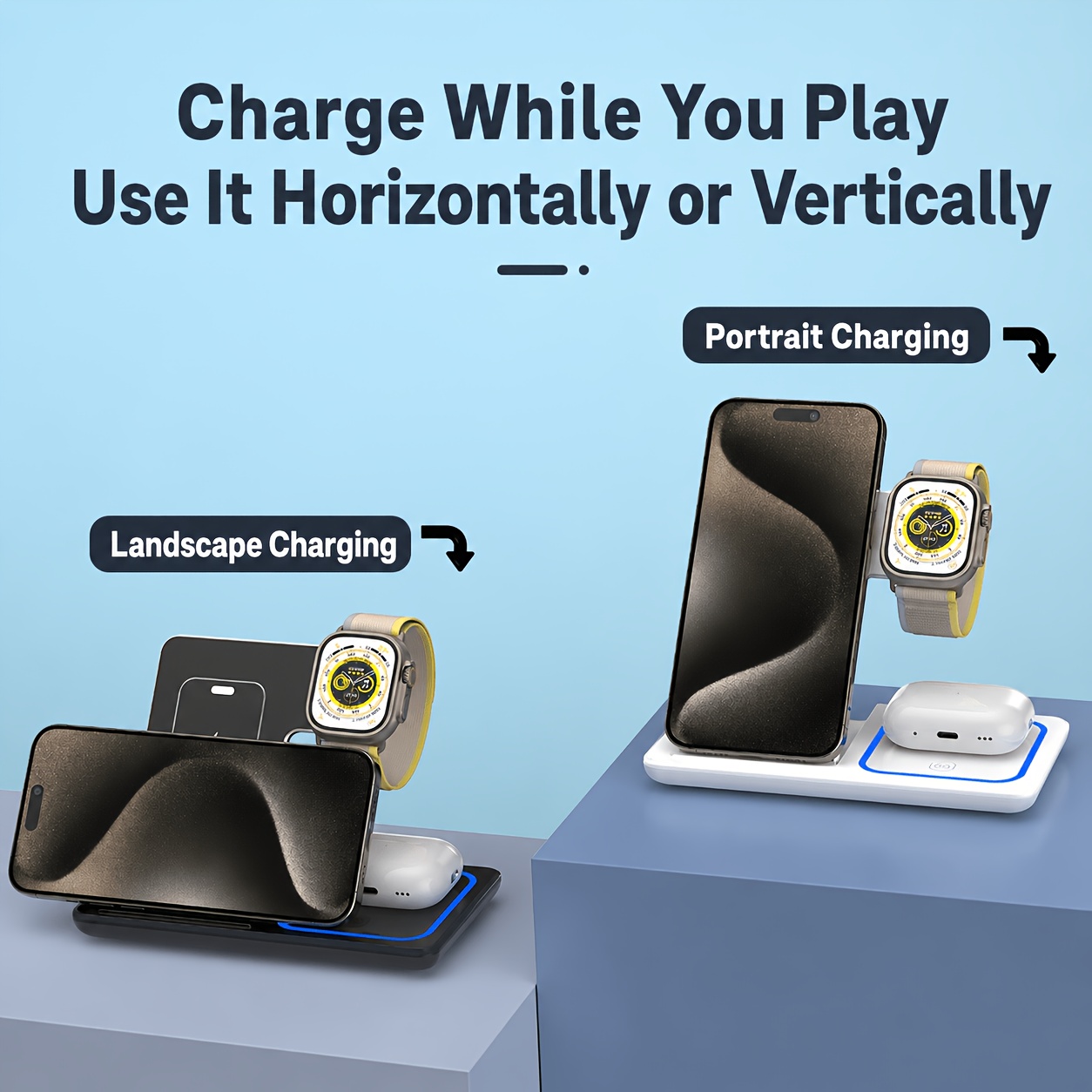 15W Foldable 3-in-1 Wireless Charging Station, Multi-Device Charging Stand for Phones, Smart Watches, and Wireless Earbuds, Portable Desktop Fast Charging Base. Compatible with iPhone 17/16/15/14/13/12/11 Series, Apple Watch Series 2-9/SE/Ultra