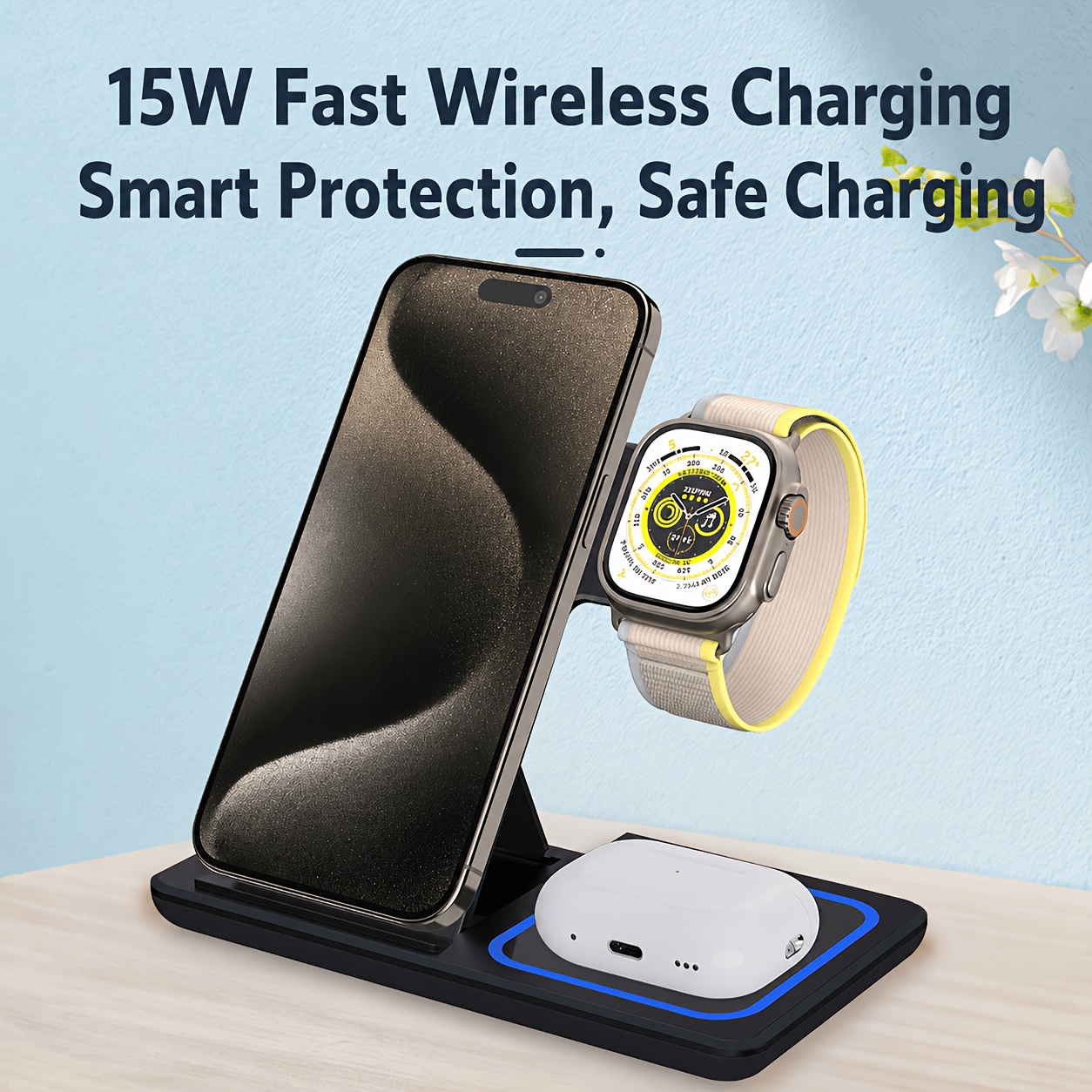 15W Foldable 3-in-1 Wireless Charging Station, Multi-Device Charging Stand for Phones, Smart Watches, and Wireless Earbuds, Portable Desktop Fast Charging Base. Compatible with iPhone 17/16/15/14/13/12/11 Series, Apple Watch Series 2-9/SE/Ultra