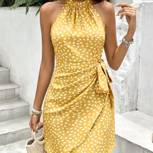 Women'S Polka Dot Irregular Halter Neck Pleated Lace-Up Sleeveless Elegant Fashion Dress [NS702]