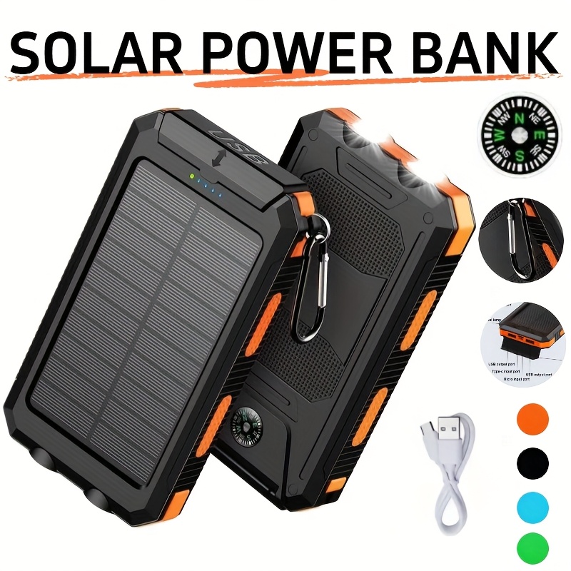20000Mah Solar Power Bank, Solar Charger, Outdoor High-Capacity Battery Pack, Usb/Usb-C/Micro USB, Compatible with All Phones, Fast Charging, Dual LED Flashlight Compatible with Outdoor And Camping, Compass And Backpack Hook, Portable Power Bank