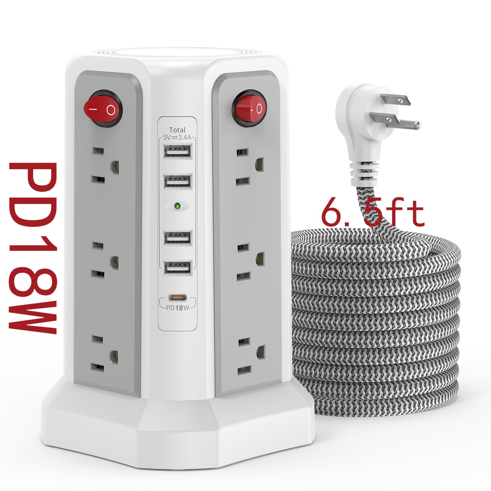 10ft/6ft Extension Cord with Multiple Outlets, 17in 1 Surge Protector, Power Board with USB Ports, 5 USB Interfaces, PD18W/20W Fast Charging, with A Night Light Multi Plug Outlet Charging Station, Suitable for Home Office And Dormitory Use - Image 12