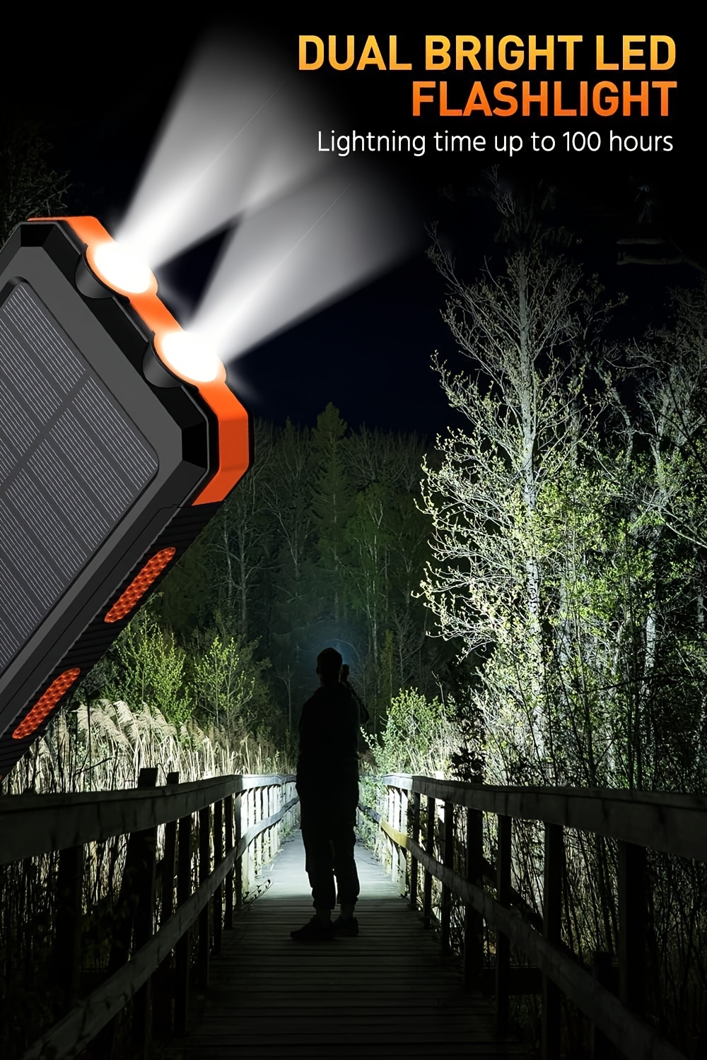 Solar Charger, 10000mAh Solar Mobile Power Bank, External Spare Battery Pack with USB C Input/output/LED Flash, Compatible with Samsung, iPad, Outdoor, Camping with Dual USB Ports Built-in LED and Compass, Suitable for All Phones