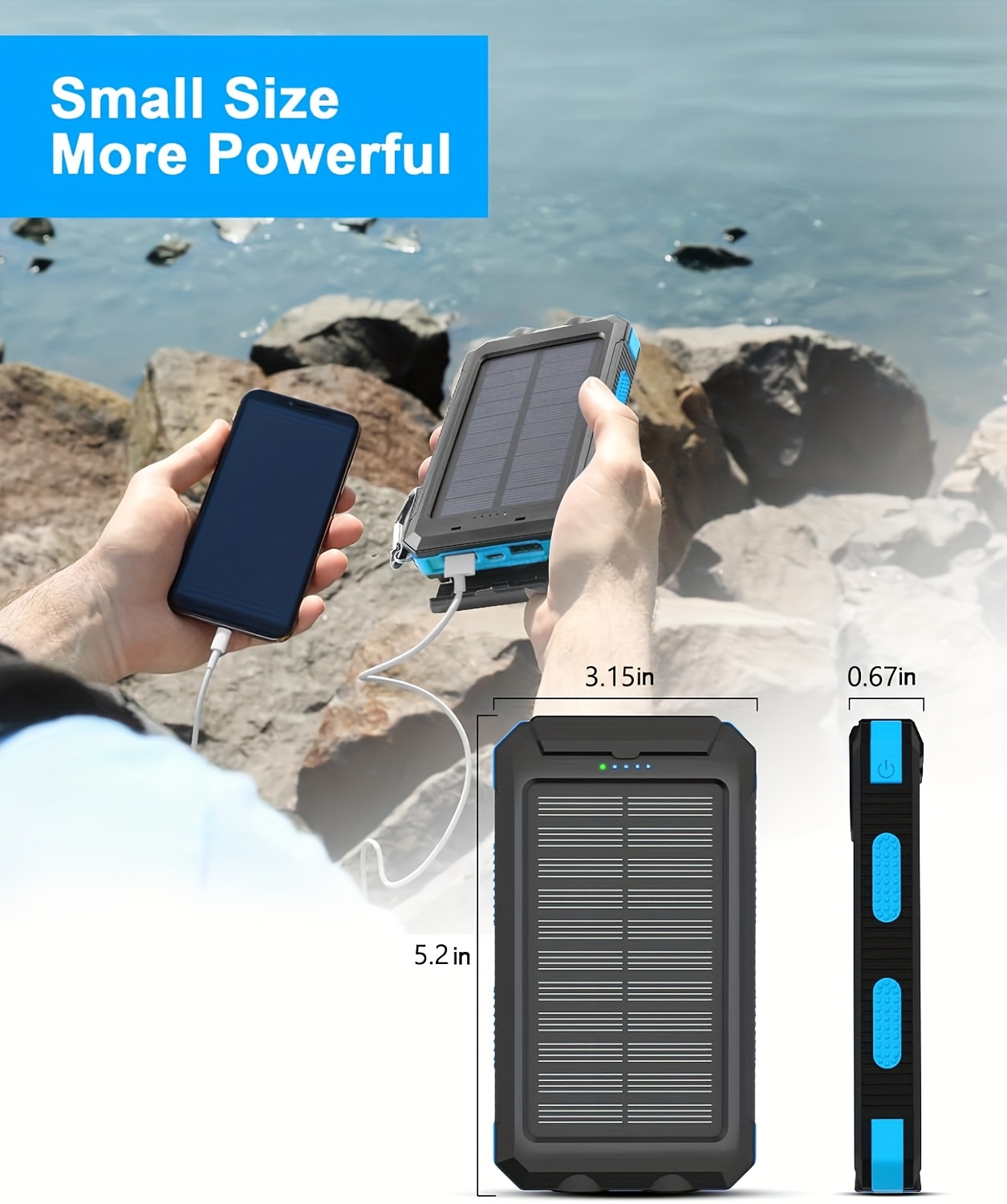 20000Mah Solar Power Bank, Solar Charger, Outdoor High-Capacity Battery Pack, Usb/Usb-C/Micro USB, Compatible with All Phones, Fast Charging, Dual LED Flashlight Compatible with Outdoor And Camping, Compass And Backpack Hook, Portable Power Bank
