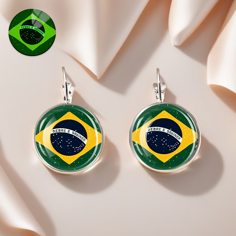 Brazilian Flag Earrings, Fluorescent and Luminous Styles, Alloy Material with Glass Inlay, Fashionable Gift for Women, Daily Wear Accessories