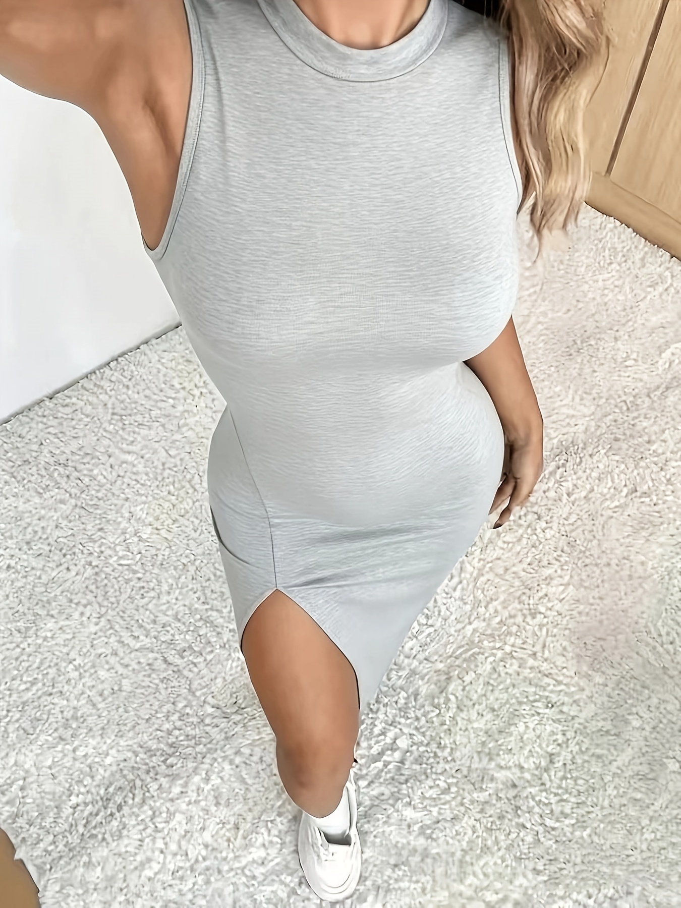 Women'S Bodycon Long Dress, Crew Neck Sleeveless, High Slit Hem, Stretchy Fabric, Slim Silhouette, Stylish, All-Season, Going Out, Clubwear, Streetwear