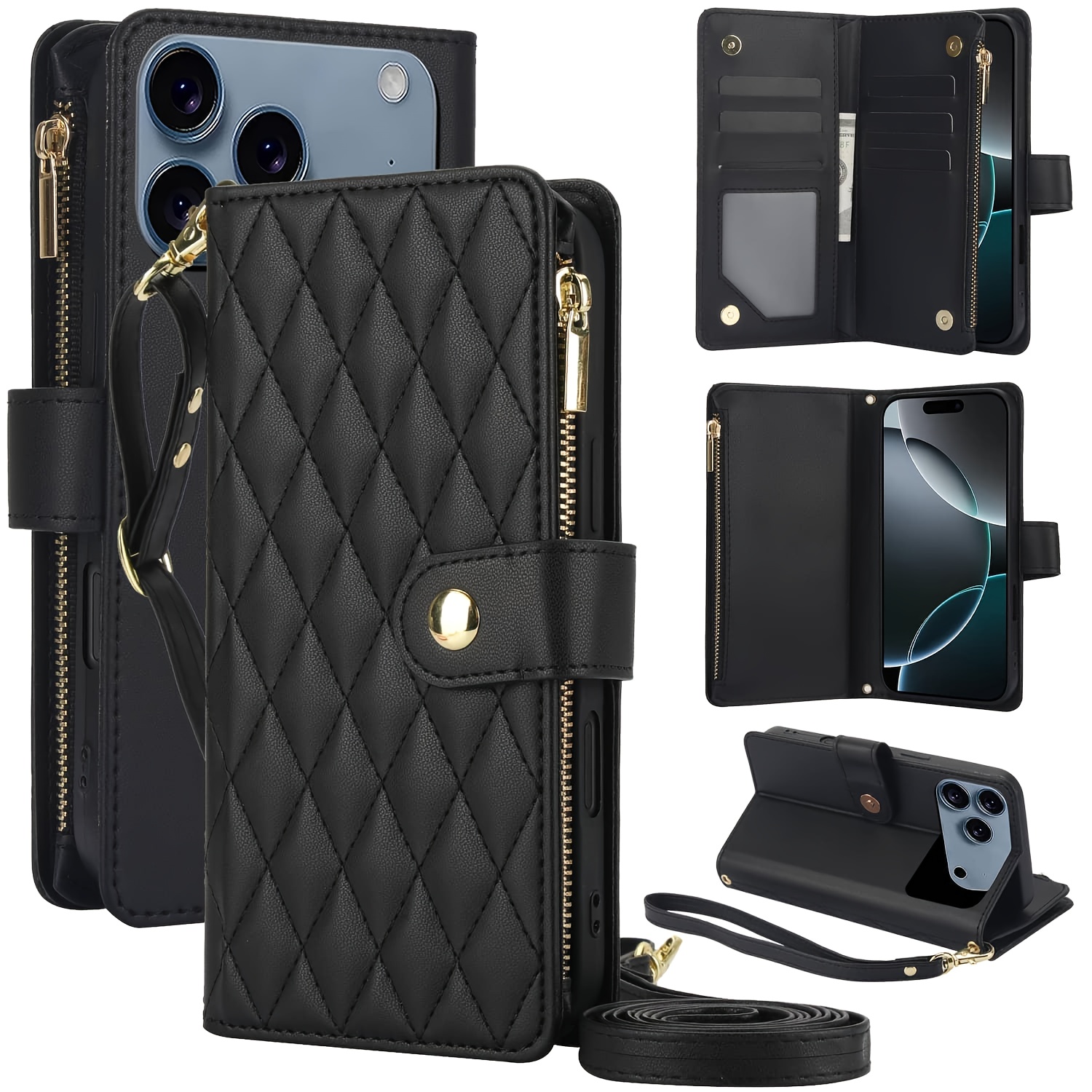 Wallet Case for iPhone 17/ 16e/ 16/ 15/ 14/ 13/ 12/ 11 Pro Max/ XR/ X/ XS/ XS Max/ 16 Plus/ 12 Mini/ 13 Mini/ SE 2020/ SE 2022/ Air 2025, Adjustable Crossbody Zipper Purse Case Card Holder with Kickstand Detachable Wrist Strap, Flip Folio Case - Image 39