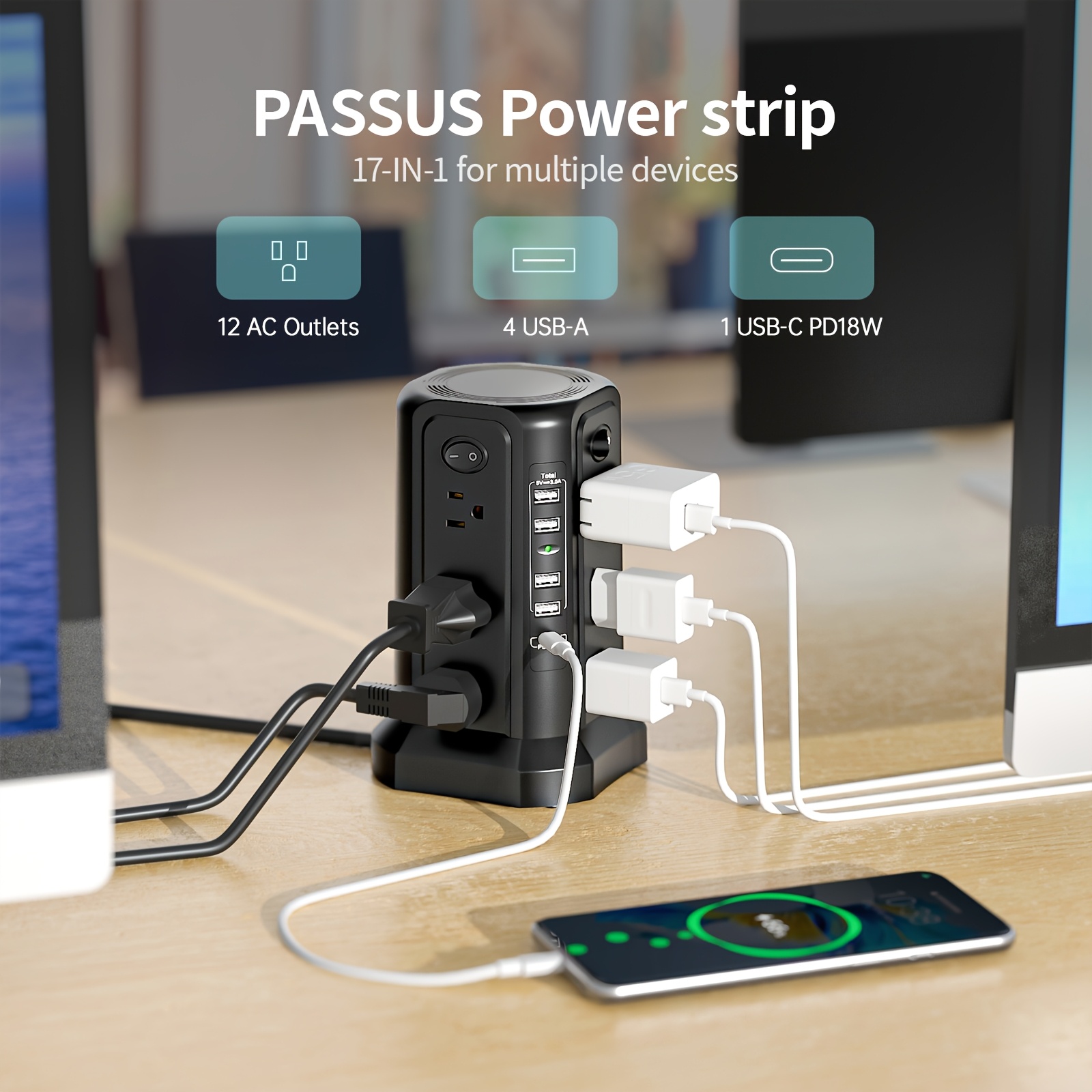 10ft/6ft Extension Cord with Multiple Outlets, 17in 1 Surge Protector, Power Board with USB Ports, 5 USB Interfaces, PD18W/20W Fast Charging, with A Night Light Multi Plug Outlet Charging Station, Suitable for Home Office And Dormitory Use - Image 6