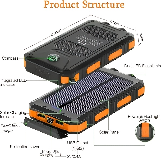 Solar Charger, 10000mAh Solar Mobile Power Bank, External Spare Battery Pack with USB C Input/output/LED Flash, Compatible with Samsung, iPad, Outdoor, Camping with Dual USB Ports Built-in LED and Compass, Suitable for All Phones