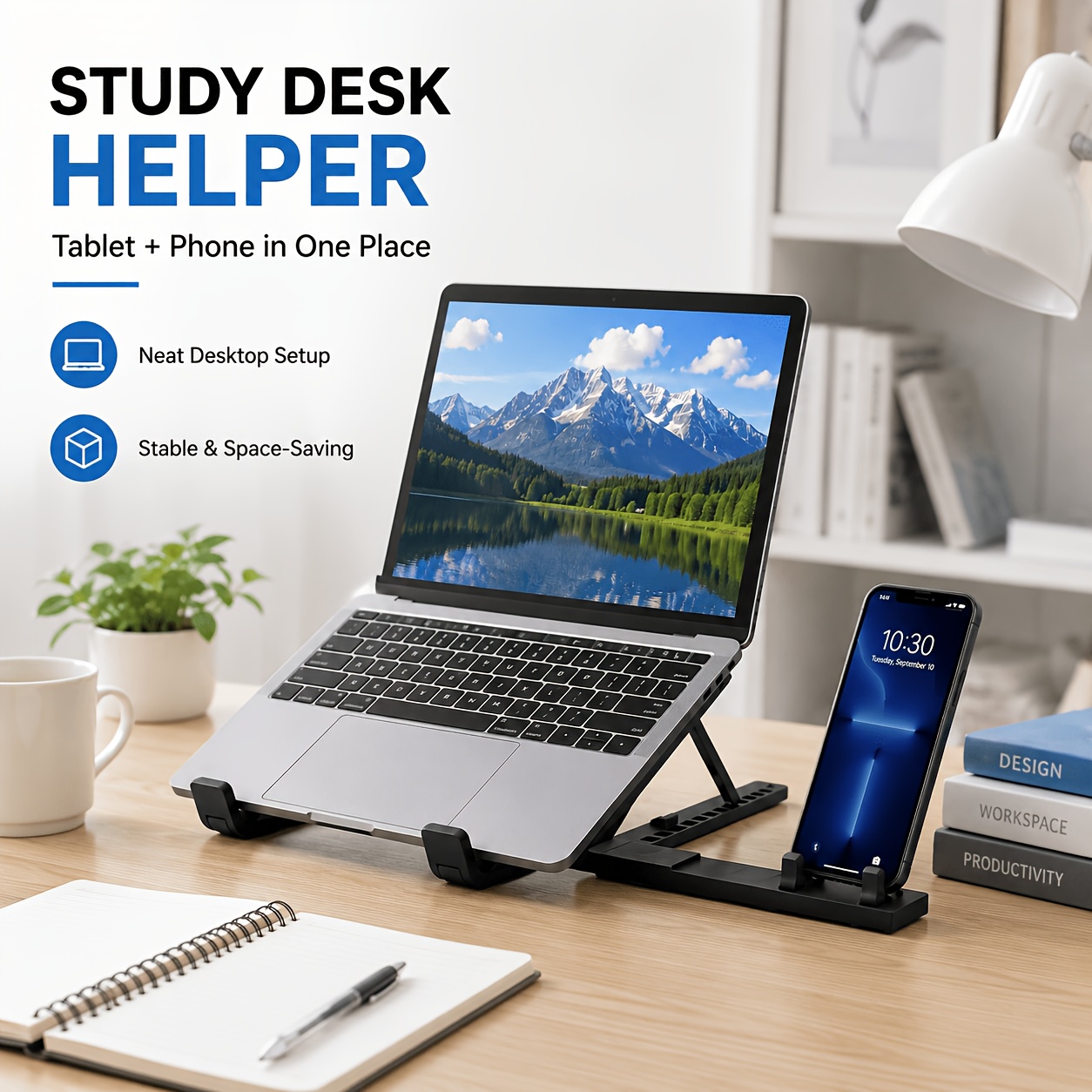 3-in-1 Laptop Tablet Phone Stand, 360° Rotatable Foldable Desktop Holder, Multi-Angle Adjustable Lightweight Portable Stand, Compatible with Smartphones, Tablets & Laptops