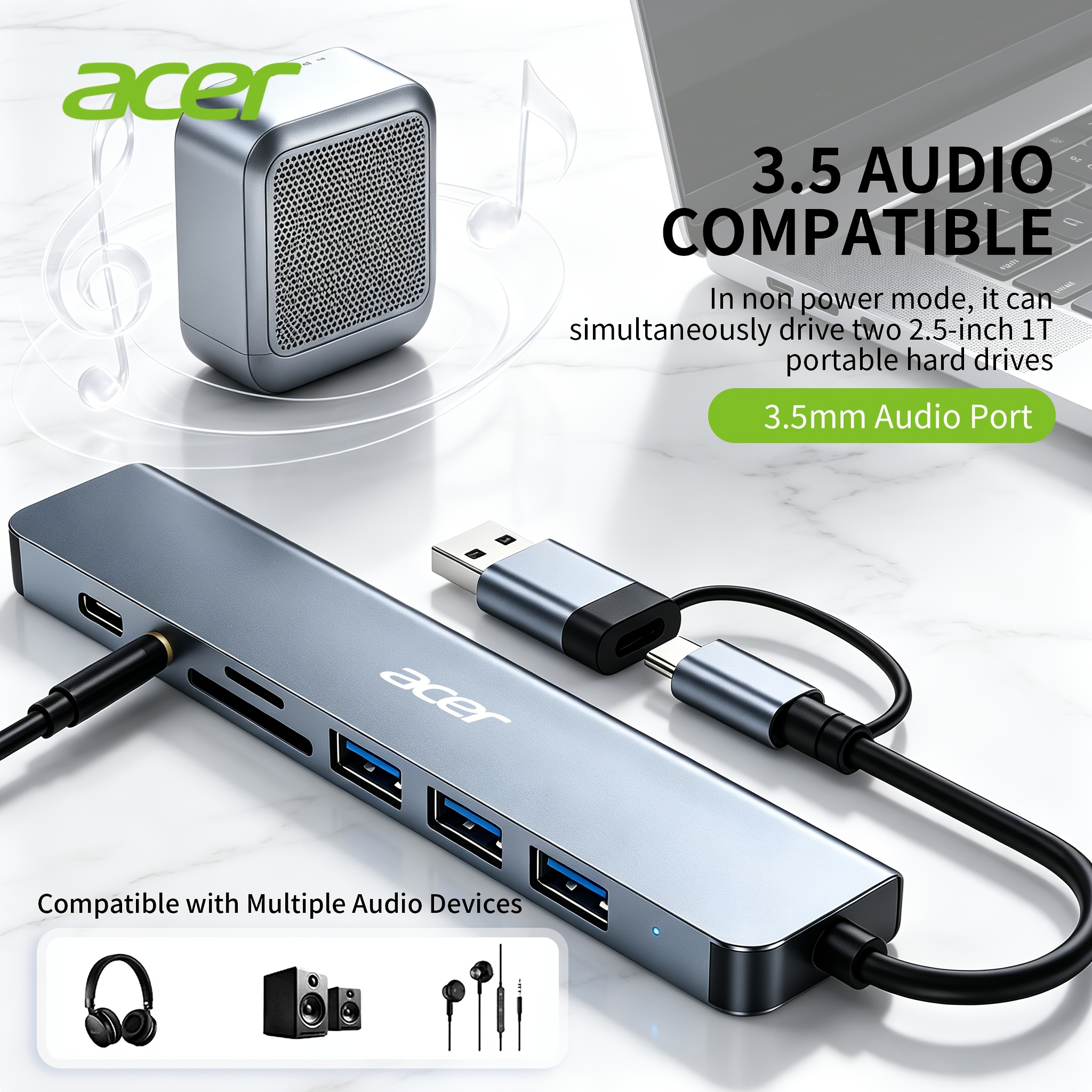 Acer USB Hub Compatible for PC/Laptop/Tablet/Smartphone, Plug & Play USB-C Expansion Dock with Multi-Port Hub, Portable USB-C Adapter Suitable for USB- Devices, SD/TF Card Reader, USB-C Expansion Station for Smartphones, Tablets, PCs