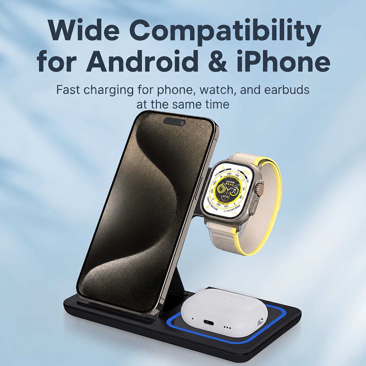 15W Foldable 3-in-1 Wireless Charging Station, Multi-Device Charging Stand for Phones, Smart Watches, and Wireless Earbuds, Portable Desktop Fast Charging Base. Compatible with iPhone 17/16/15/14/13/12/11 Series, Apple Watch Series 2-9/SE/Ultra